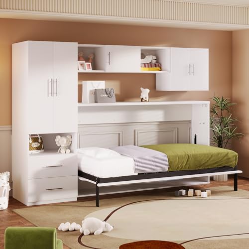 Merax Twin Murphy Bed Cabinet with Storage Wardrobe, Wood Folding Wall Cabinet Bed w/Open Shelves & Drawers, for Guest Room, Home Office, White Merax
