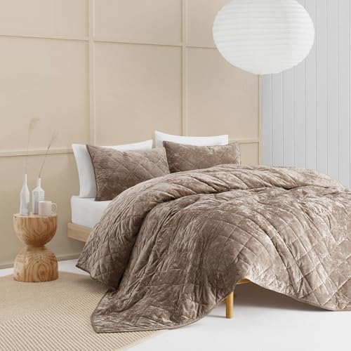 Wonderful Luxury Velvet Brown Quilt Set, King Diamond Stitch Pattern Bedding, Lightweight Ultra-Soft Skin-Friendly, All-Season, Versatile as Comforter/Bedspread for Adults Teens Kids Bedroom,106"x94" Wonderful