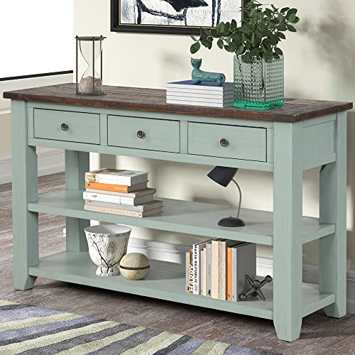 Knocbel Wood Console Table with 3 Drawers and 2 Shelves, Vintage Sofa Tables with Solid Pine Frame and 4 Legs for Entryway Hallway Living Room, 48.82" W x 15.75" D x 30" H, Retro Blue&Brown Top Knocbel