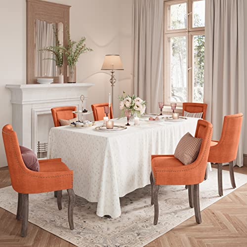 Aoowow Fabric Farmhouse Upholstered Side Chairs Set of 2, Vintage Solid Wood Kitchen Dining Room Chairs with Nailheads Solid Wood Legs (Orange) Aoowow