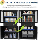 PioneerWorks 71" Black Metal Storage Cabinet w/Glass Doors | 2 Drawers + 2 Adjustable Shelves, Lock Feature | for Garage, Home Office Organization PioneerWorks