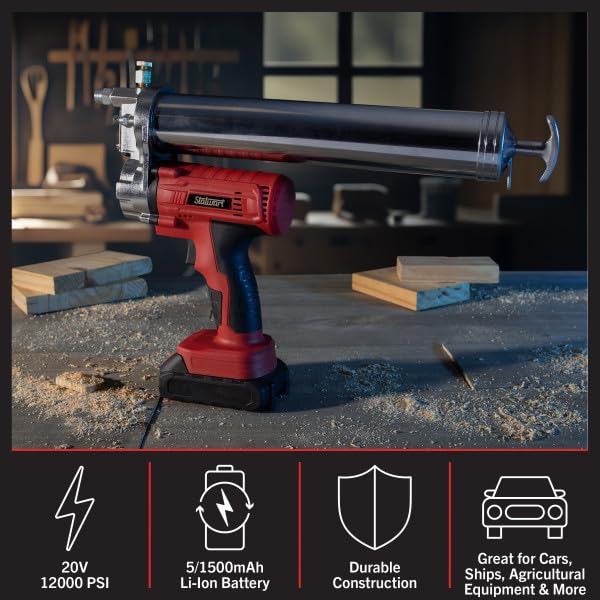 Stalwart Grease Gun - 20V 12000 PSI Cordless Grease Gun with 14-Inch Hose, Couplers, Lithium Ion Battery, Charger, and More - Tool Kit (Black/Red) Stalwart