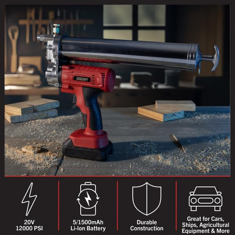 Stalwart Grease Gun - 20V 12000 PSI Cordless Grease Gun with 14-Inch Hose, Couplers, Lithium Ion Battery, Charger, and More - Tool Kit (Black/Red) Stalwart