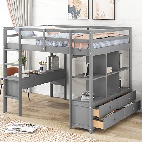 Gray Full Size Loft Bed with Desk & Storage by Harper & Bright Designs - WoodArtSupply