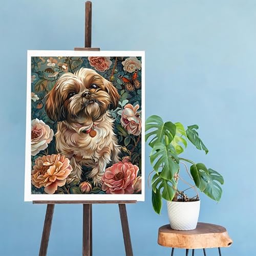 XTXGERL Shih Tzu Rose and Butterfly Paint by Numbers Kit for Adults 16x20 Inch Without Frame, DIY Oil Painting by Number, Adult Paint by Number Kits on Canvas for Wall Decor XTXGERL