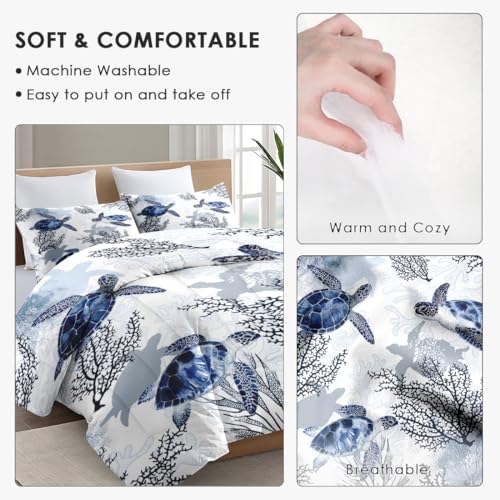 WeCozy Twin Size Comforter Set with Pillowcase, Animal Blue Turtle Sea Coral Soft 2 Pcs Bedding for Kids and Adults Bedroom Bed Decor WeCozy