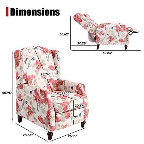 Consofa Upholstered Wingback Recliner Chair, Traditional Push Back Recliner with Padded Seat, Fabric Floral Recliner Wingback Chair, Mid Century Modern Wingback Chairs for Living Room (2,Red Floral)