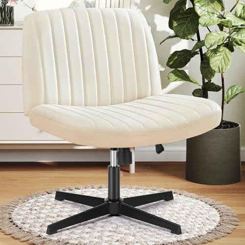 DUMOS Criss Cross Chair Legged Office Wide Comfy Desk Seat, No Wheels Armless Computer Task Seating, Swivel PU Leather Vanity Home Height Adjustable DUMOS