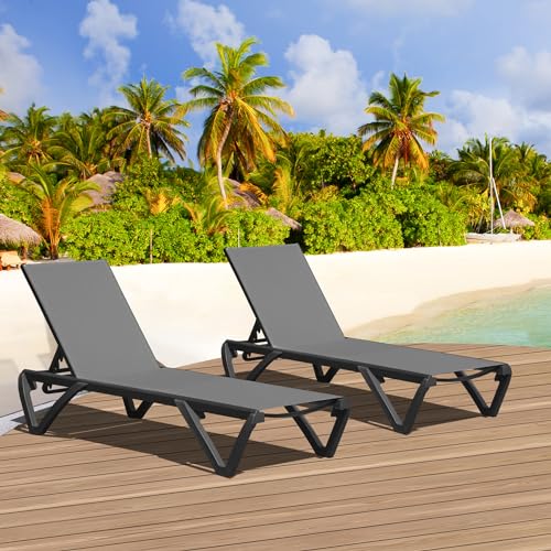 Domi Pool Lounge Chairs Set of 2, Aluminum Adjustable Outdoor Chaise Lounge with Wheels, All Weather Outdoor Lounge Chair for Deck Lawn Patio Backyard, Textilene - Gray