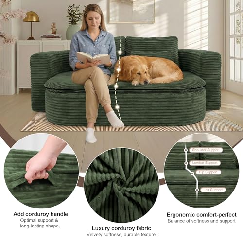IZLKQC 75'' Folding Sleeper Sofa Bed, Convertible Memory Foam Boneless Couch, Foldable Full Size Guest Bed, Modern 2-in-1 Futon Floor Sleeper Sofa with 4 Pillows and Blanket (Corduroy, Green) IZLKQC