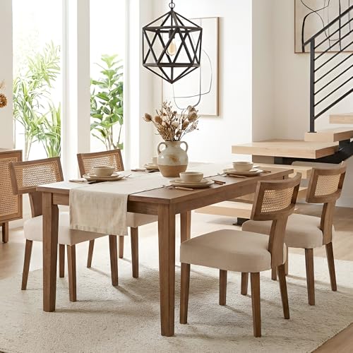 HNY Mid Century Modern Rattan Dining Chairs Set of 6, Farmhouse Linen Upholstered Accent Chair Curved Backrest Kitchen Chairs, with Hardwood Frame, Beige HNY