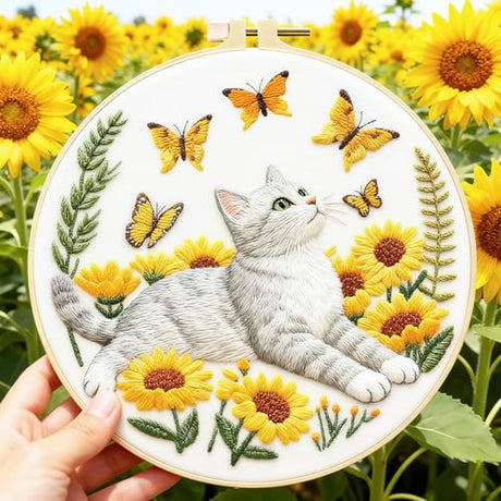 BEUNITONE 4 Set Embroidery Kit for Beginners, Cat and Butterfly Pre-Stamped Pattern Needlepoint Kits for Adults with Hoop and Instruction, Cute Hand Embroidery Patterns for Cloth and Home Decor BEUNITONE