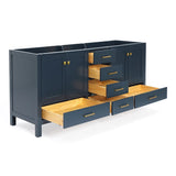 ARIEL 72" Midnight Blue Double Bathroom Vanity Base Cabinet, Double Sink Configuration, 2 Soft Closing Doors, 9 Full Extension Dovetail Drawers, Satin Brass ARIEL
