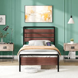 VINGLI Kids Twin Bed Frame with LED Headboard & Footboard, USB Charging Station, Metal Single Platform with 12-Inch Under Bed Storage Space for Dorm Bedroom Teen Guest Room, Mahogany Brown VINGLI