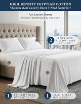 LANE LINEN 100% Egyptian Cotton Full Size Bed Sheets, Soft & Comfy Luxury Hotel Style Thick Full Size Sheets, Fully Elasticized Reinforsed Seams No Pill Natural Cooling - White Sheets LANE LINEN