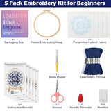 LOADSFUN 5 Pieces Embroidery Kit for Beginners, Cross Stitch Kits with Stamped Patterns,Hoop,Threads,Needle Threader Needlepoint Kits Crafts for Adults Step by Step Instructions Video