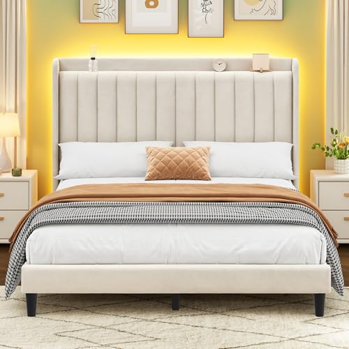 YITAHOME Queen Bed Frame with Adjustable Velvet Wingback Headboard 43.3"-47.4", Upholstered Platform Bed with LED Lights, Solid Wood Slat Support, No Box Spring Needed,Beige YITAHOME