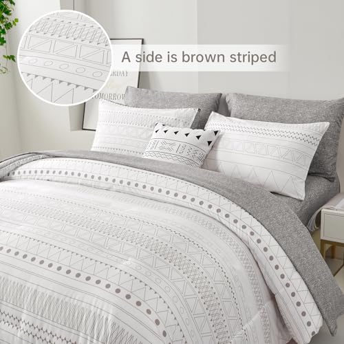 WONGS BEDDING Boho Comforter Set Queen,7 Pieces White Grey Geometric Bed in a Bag Comforter Bohemian Soft Microfiber Bedding Set for All Season with Pillowcases & Shams,Flat Sheet,Fitted Sheet WONGS BEDDING