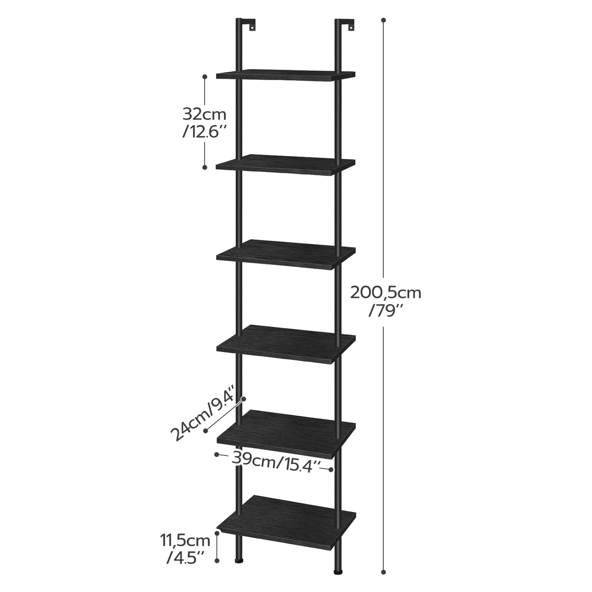 HOOBRO DIY Ladder Shelf, 6-Tier Wooden Wall Mounted Bookshelf, Narrow Bookcase, Display Shelf, Storage Rack, Plant Stand, for Living Room, Bedroom, Study, Balcony, Black BB651CJ01 HOOBRO