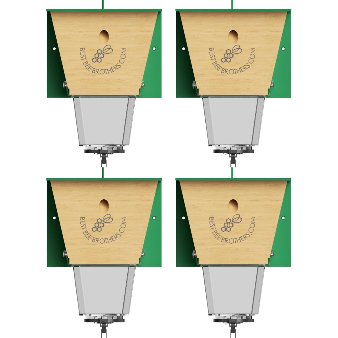 Best Bee Brothers Ultimate Pro Carpenter Bee Trap for Outside with Extra-Large, Clear External Bee Vault & Spring-Loaded Door, 4.2” D x 5.8” W x 7.5” H (4 Pack) Best Bee Brothers