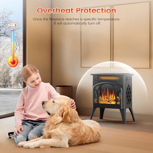 Electric Fireplace Stove, Fast Heating, 1500W X Infrared Fireplace Heater with 8H Timer, Remote Control, Freestanding Stove with Adjustable 3D Flame Overheat Protection, Indoor Fireplace Electactic