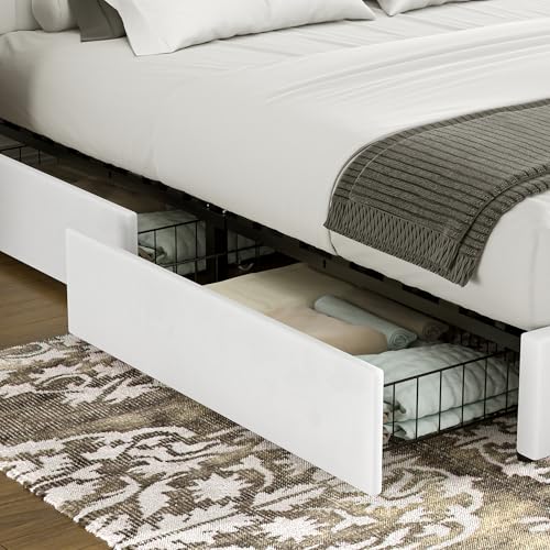 VECELO Full Size Upholstered Bed Frame with 4 Drawers and Headboard, Velvet Platform Storage Bedframe, Wooden Slats Support, No Box Spring Needed,White VECELO
