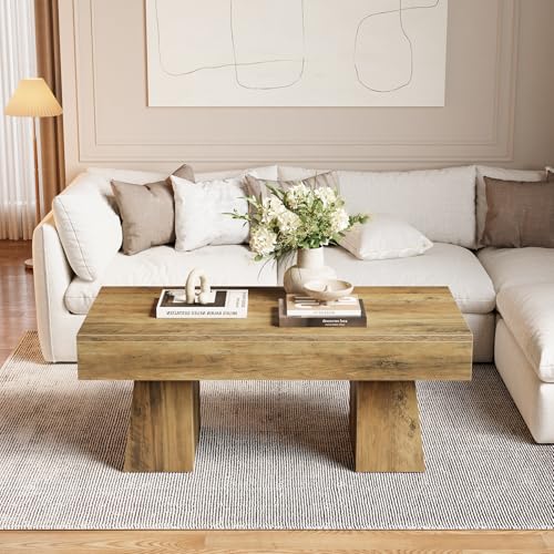 LITTLE TREE Farmhouse Coffee Table, 47 Inches Wooden Rectangular Accent Center Tables with Thick Base, Modern Low Cocktail Tea Furniture for Living Room (Rustic Brown) LITTLE TREE