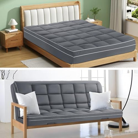 HOMBYS Extra Thick Fitted Futon Mattress Cover Full Size with Anti-Slip Elastic, Plush Down-Alternative Filling for Enhanced Comfort, 100% Polyester Futon Topper, Grey, Cover Only HOMBYS
