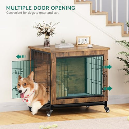 YITAHOME Dog Crate Furniture with Cushion, Dog Kennel Indoor with Wheels, Dog Crate End Table with Tray, 27" Dog Cage with Double Doors for Small Dog (Rustic Brown)