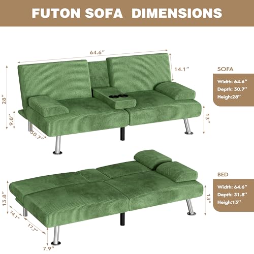 Homall Futon Sofa Bed, Futon Couch with Removable Armrests, Adjustable Recliner Sleeper Sofa Bed with Dual Cup Holders for Living Room, Apartment, Office (Corduroy, Green) Homall