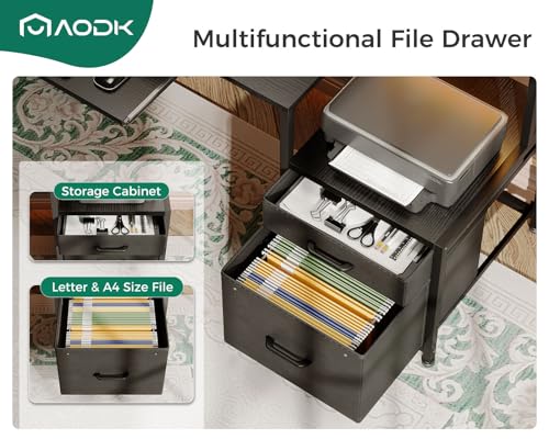 AODK 55 Inch Gaming Desk with Power Outlets & LED Light, Reversible Computer Desk with File Cabinet and Fabric Drawer, Office Desk with Keyboard Tray, Table with Full Monitor Riser and PC Stand, Black AODK