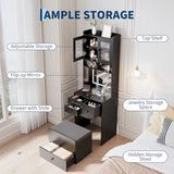 Garvee 3 in 1 Vanity Desk with LED Light, Tall Makeup Vanity Set with 2 AC Outlets & USB-c, Dressing Table with Drawers & Acrylic Doors, Nightstand Vanity Mirror, Jewelry Box, Cushioned Chair, Black Garvee