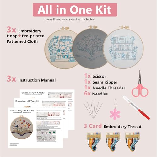 Embroidery Kit for Adults, Pre-Stamped Pattern Embroidery Kit for Beginners, Needlepoint Starter Kit with Hoop Thread Needle Instruction, 7.9'' Hoop (Book Lover 3 Packs)