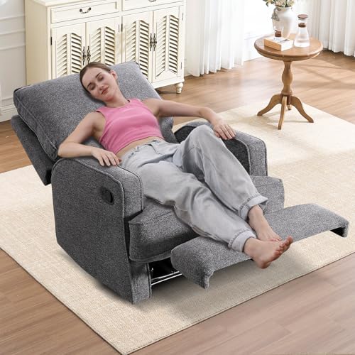INZOY Manual Recliner with Thicker Backrest, Soft Fabric Recliner Chair with Overstuffed Cushion, Heavy Duty Reclining Sofa for Living Room Bedroom Apartment, Grey