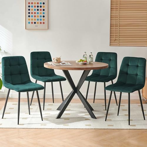 Homedot 37" Round Table Set for 4 Person, Modern Kitchen Table Set, Imitation Wood Dining Table with Space Saving Dining Chairs, Dark Green Velvet Side Chairs Homedot