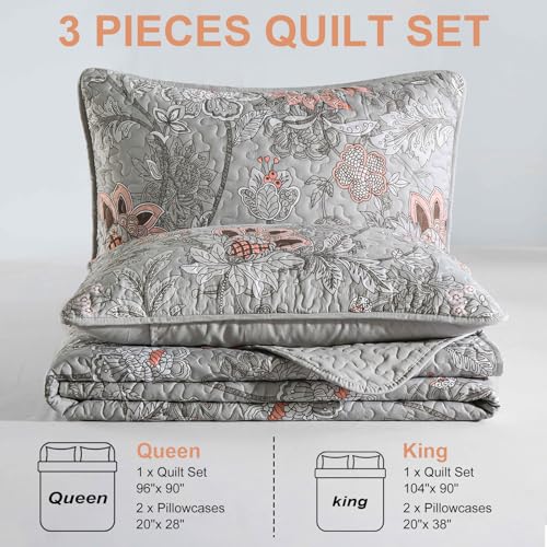 WONGS BEDDING Floral Quilt Set King Size, Grey Botanical King Bedspread Bedding Sets Soft Lightweight Microfiber Flower Gray Coverlet Set 3 Pieces for All Season (104"x90") WONGS BEDDING