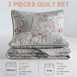 WONGS BEDDING Floral Quilt Set King Size, Grey Botanical King Bedspread Bedding Sets Soft Lightweight Microfiber Flower Gray Coverlet Set 3 Pieces for All Season (104"x90") WONGS BEDDING