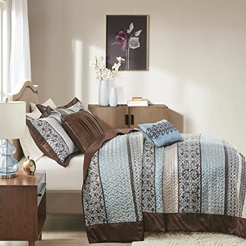 Madison Park Princeton Reversible Quilted Bedspread Set, Solid Reverse Summer Breathable, Lightweight All Season Bedding Layer, Matching Shams, Bedspread King(120"x118"), Blue 5 Piece Madison Park