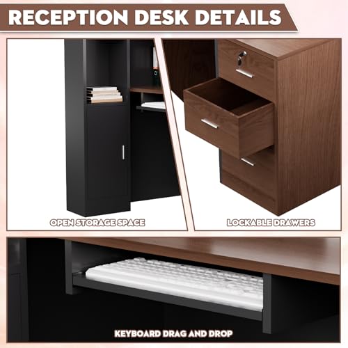 Easilywinlife 70.87IN Modern Wooden Commercial L Shaped Reception Desk with Counter, Lockable Drawers, Door Cabinet, Front Desk for Checkout, Lobby, Beauty Salon, Walnut, Right Cabinet Easilywinlife