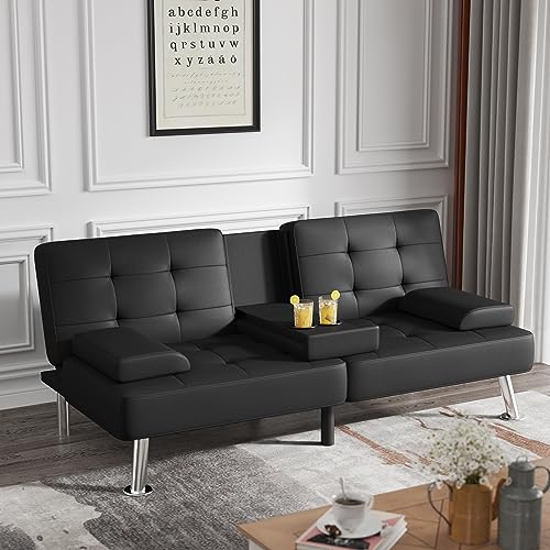 Flamaker Futon Sofa Bed Modern Folding Futon Set Convertible Recliner Lounge for Living Room with 2 Cup Holders, Removable Armrests (PU Leather, Black) Flamaker