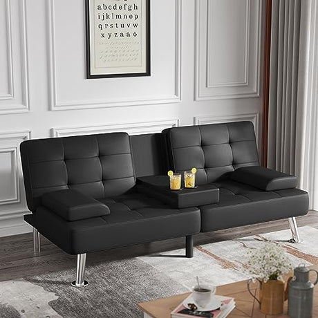 Flamaker Futon Sofa Bed Modern Folding Futon Set Convertible Recliner Lounge for Living Room with 2 Cup Holders, Removable Armrests (PU Leather, Black) Flamaker