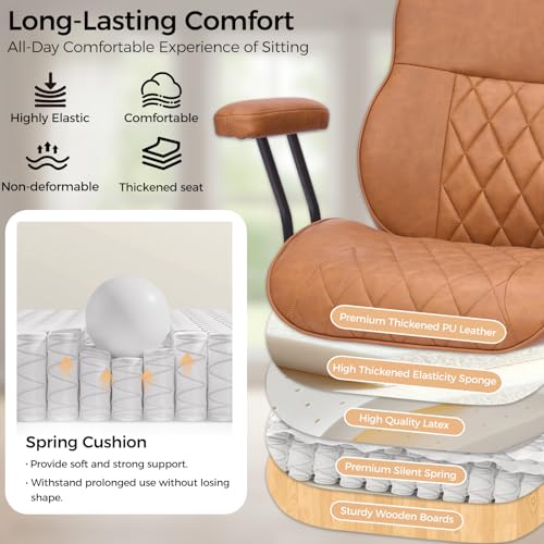 BEWISHOME Home Office Chair, Brown Office Chairs with Wheels, Leather Office Chair, Ergonomic Office Chairs with Lumbar Support, Mid Century Modern Executive Computer Chair BBY01Z BEWISHOME