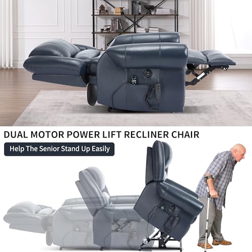 EZZUP Genuine Leather Power Lift Recliner Chair, Lazy Boy Recliner Chair with Charging Ports for Living Room Theater Seating, Electric Single Sofa with Round Armrest, Blue