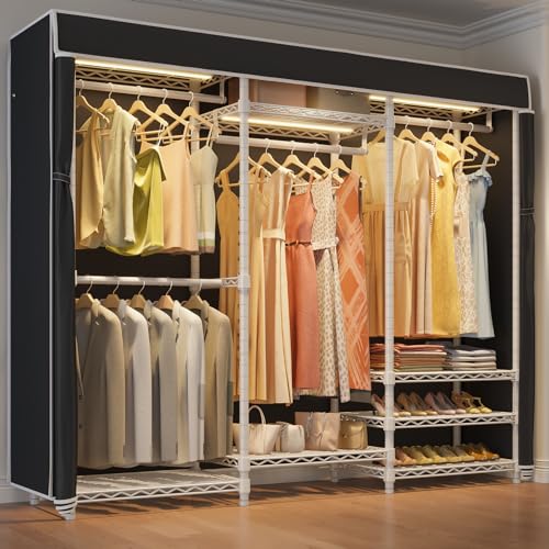 VIPEK V5L Garment Rack Heavy Duty Covered Clothes Rack with Dimmable LED Lights, 3000K Warm White, Portable Closet Wardrobe Freestanding Clothing Rack for Hanging Clothes, White Rack with Black Cover VIPEK