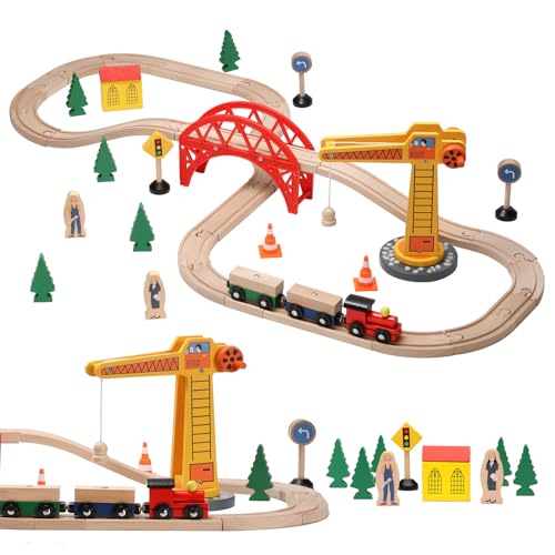 SainSmart Jr. Wooden Train Set for Toddler, 41pcs Wood Train Track w/Crane Fits Brio, Thomas, Melissa and Doug, Kids Wood Toy Train for Kids Ages 3+ - WoodArtSupply