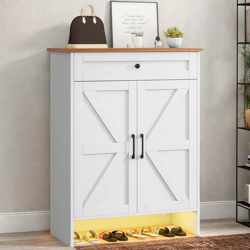 DWVO 6-Tier Shoe Cabinet with Doors & Drawer – Adjustable Shelves, Built-in Induction Strip for Entryway Living Room Storage (White) DWVO