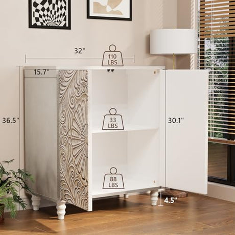 COSIEST 32" W Sideboard Buffet Cabinet with Storage, Accent Cabinet with 2 Push-to-Open Magnetic Doors, Vintage MDF Buffet Table for Living Room, Kitchen, Hallway (Gray,Flower Pattern) COSIEST