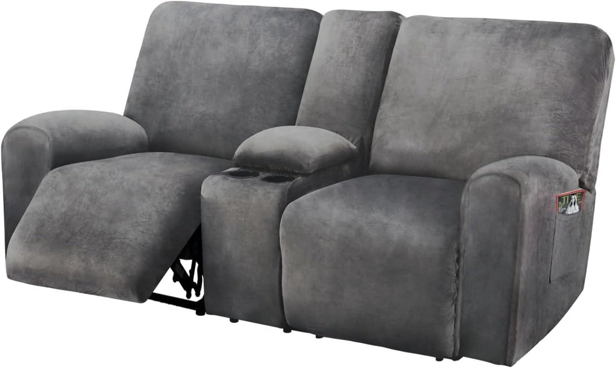 ULTICOR Reclining Loveseat with Middle Console Slipcover, 8-Piece Velvet Stretch Sofa Covers, 2 seat Loveseat Recliner Cover, Thick, Soft, Washable(Dark Grey) ULTICOR