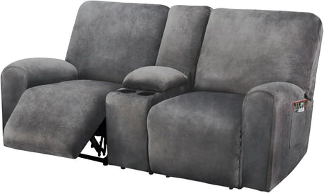 ULTICOR Reclining Loveseat with Middle Console Slipcover, 8-Piece Velvet Stretch Sofa Covers, 2 seat Loveseat Recliner Cover, Thick, Soft, Washable(Dark Grey) ULTICOR