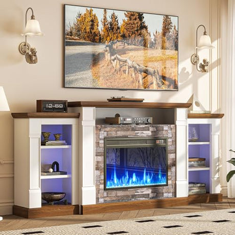 oneinmil 70" Fireplace TV Stand, Electric Fireplace with Mantel, Modern Entertainment Center with Open Storage, Remote Control, Adjustable Flame, Fire Place TV Stand for Living Room, Bedroom Oneinmil